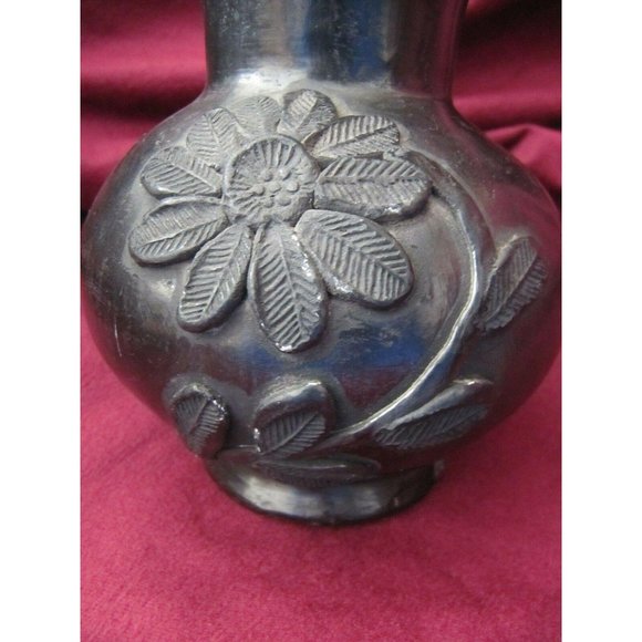 Dona Rosa Oaxaca Mexican Folk Art Flower Pitcher Black Clay Pottery Vase HE1 - Picture 3 of 9